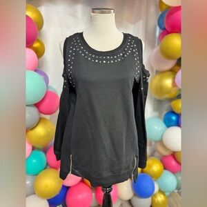 Venus Black Studded Cold Shoulder Sweatshirt Top Size Large Zip Hem